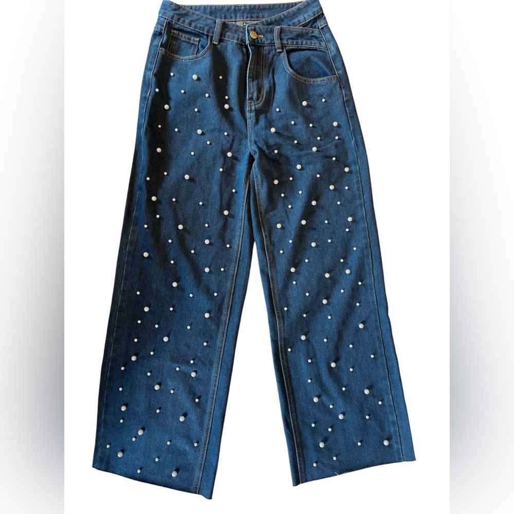 Blue Embellished with pearl looking gems Women Jeans